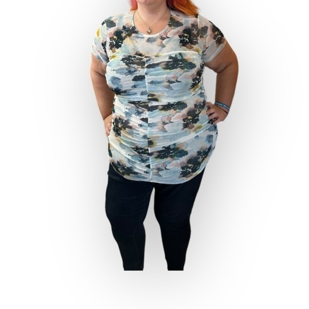 🆕 NWT Torrid 1 2 3 Watercolor Stretch Mesh Neck Ruched Top 14 16 18 20 22 24